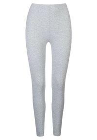 Grijze leggings van zacht, rekbaar materiaal. Kenmerken zijn een hoge taille en een slim fit ontwerp, met een gladde textuur en geen zichtbare naden.