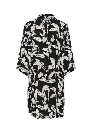 Schwarzes langärmliges Hemdblusenkleid mit weißen Blätterdruck und einer Brusttasche, leicht lockere Passform und spitzer Kragen.