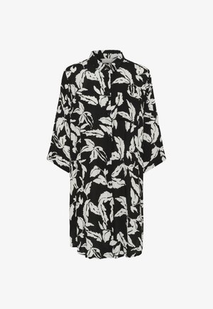 Schwarzes langärmliges Hemdblusenkleid mit weißen Blätterdruck und einer Brusttasche, leicht lockere Passform und spitzer Kragen.