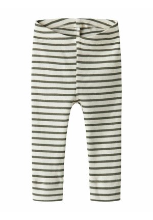 Gestreifte Leggings aus geripptem Stoff; mit horizontalen Streifen in olivgrün und creme; elastischer Bund; enganliegendes Design; knöchellang.