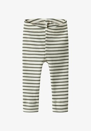 Gestreifte Leggings aus geripptem Stoff; mit horizontalen Streifen in olivgrün und creme; elastischer Bund; enganliegendes Design; knöchellang.