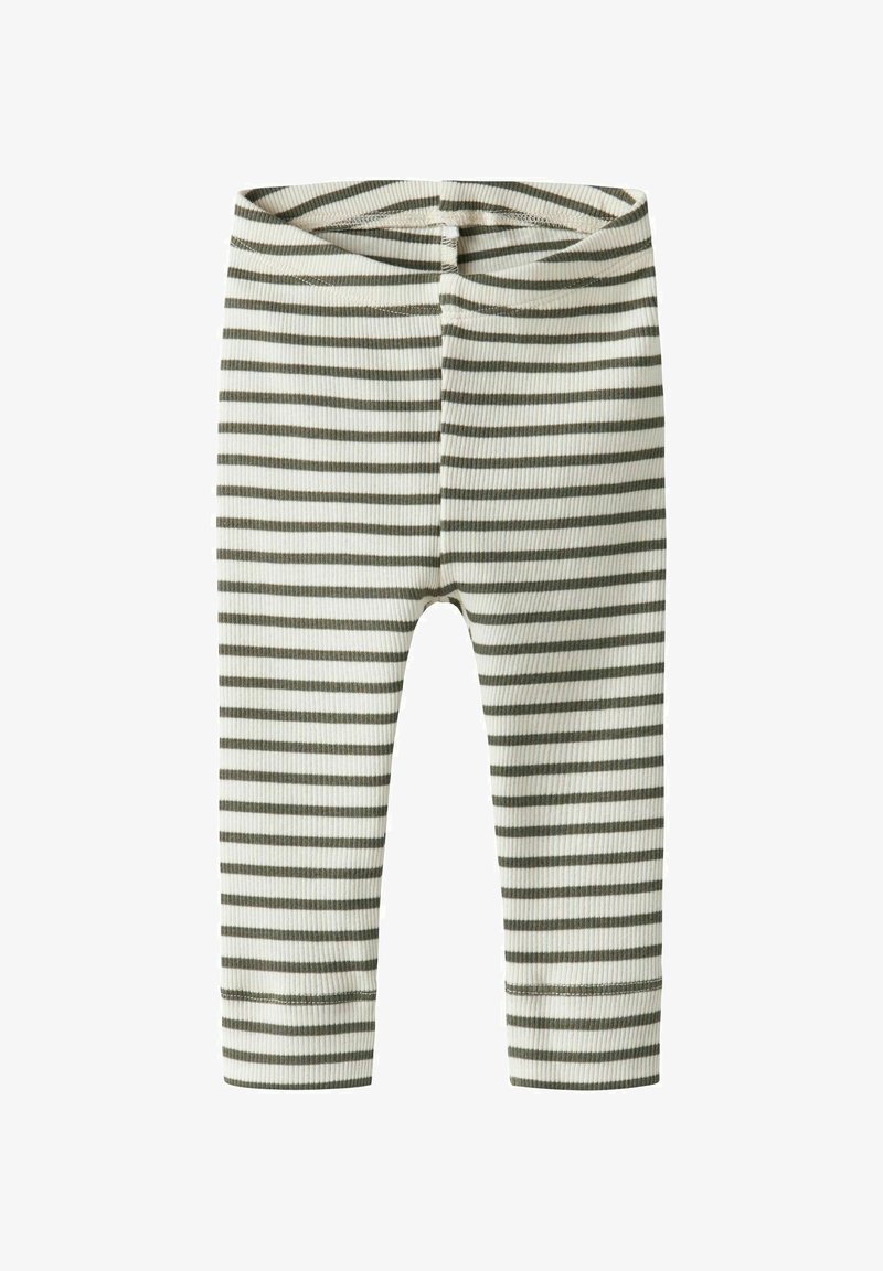 Striped leggings made of ribbed fabric; features horizontal olive green and cream stripes; elastic waistband; fitted design; ankle-length.