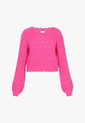 Jasnoróżowy dziergany sweter z długimi balonowymi rękawami i wzorem liści, ściągacze na mankietach i dole oraz okrągłym dekoltem.