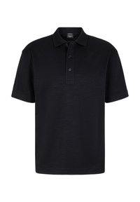 Schwarzes Poloshirt aus strukturiertem Stoff mit klassischem Kragen, Dreiknopf-Leiste und kurzen Ärmeln. Schlichtes, einfarbiges Design ohne Muster.