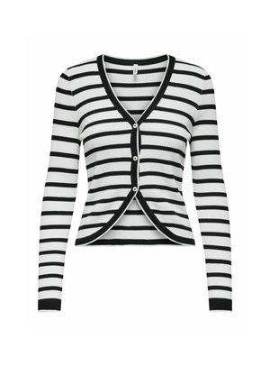 Schwarz-weißer, gestreifter, cropped Cardigan mit langen Ärmeln, V-Ausschnitt und Knopfverschluss. Rippstruktur, kontrastierender schwarzer Saum an den Kanten.