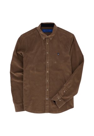 Brun langermet skjorte med knapper, med en liten svart-hvitt rev-logo på venstre bryst, samt knappet krage og mansjetter.