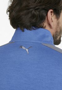 Blå idrottströja med hög krage, som har en grå accent och en Puma-logga broderad på baksidan. Strukturerad tyg.