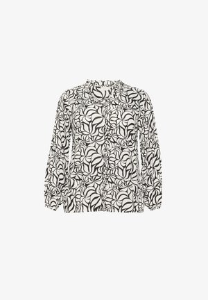 Black and white patterned blouse with a round neckline, button closure, long sleeves, and ruffled detailing along the front and collar.