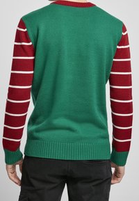 Grön stickad tröja med röda randiga ärmar. Ribbad nederkant och muddar. Enfärgad baksida, medelhård struktur. Har rundad halsringning och avslappnad passform.