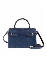 Borsa a mano in suede blu navy con una forma strutturata, manico superiore, tracolla regolabile e cuciture a contrasto. Presenta due cinturini frontali.