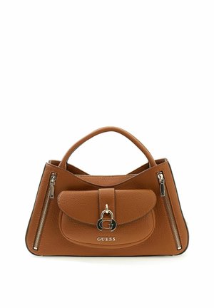 Brown leather Guess handbag with dual top handles, front flap pocket with metal "G" and logo, and vertical zipper details on both sides.