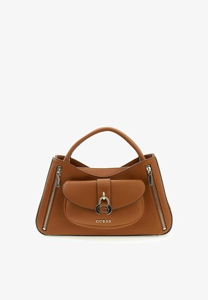 Brown leather Guess handbag with dual top handles, front flap pocket with metal "G" and logo, and vertical zipper details on both sides.