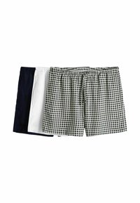 Drei Herren-Shorts in Marineblau, Weiß und schwarz-weiß kariert, flach liegend mit elastischen Bündchen und Kordelzügen.