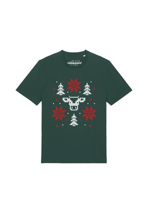 Dark green t-shirt with a pixel art design of white Christmas trees, red snowflakes, and a white reindeer head in the center.