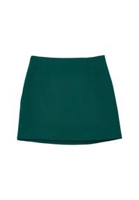 Gonna a ruota verde con una texture liscia, caratterizzata da due pieghe frontali, una vita aderente e una forma leggermente svasata. Senza elementi in metallo visibili.
