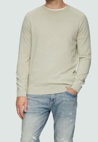 Hellgrüner Strickpullover mit rundem Ausschnitt und gerippten Bündchen, kombiniert mit zerfetzten blauen Jeans. Weiche Textur und figurbetontes Design.