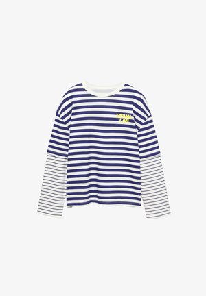 Koszula z długim rękawem, w poziome niebieskie i białe paski, z żółtym logo "VISUAL LAB" na klatce piersiowej oraz luźnym krojem.