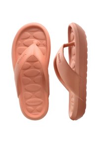 Peach-colored flip-flops with textured soles and V-shaped straps. Made of flexible material, featuring a smooth finish and durable construction.