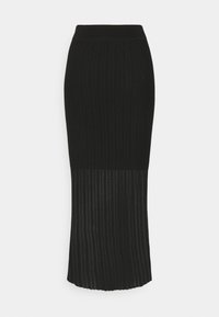 Jupe midi noire côtelée avec taille haute ajustée et moitié inférieure semi-transparente, présentant une texture côtelée verticale sur toute la surface.