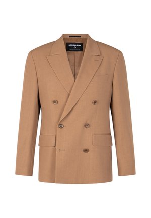 Blazer beige pour homme à double boutonnage avec larges revers, six boutons, poches à rabat et poche poitrine passepoilée, conçu par Strellson.