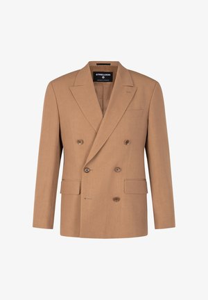 Männer Doppelreiher Blazer in Beige mit breiten Revers, sechs Knöpfen, Klapptaschen und einer Brusttasche, entworfen von Strellson.