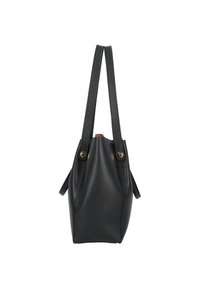 Borsa tote in pelle nera con due manici piatti, superficie texturizzata e silhouette strutturata. Presenta dettagli in metallo dorato.
