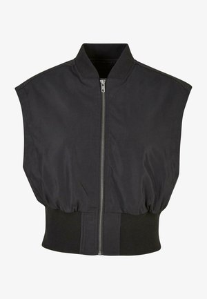 Black cropped bomber jacket with a zip front, ribbed hem, and soft fabric. Features wide armholes and a high collar.