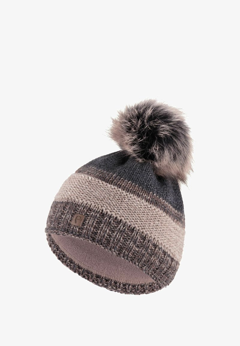 Strickmütze in Dunkelgrau und Hellbeige mit horizontalen Streifen, ausgestattet mit einem flauschigen grauen Pompon oben und einem weichen Innenfutter.