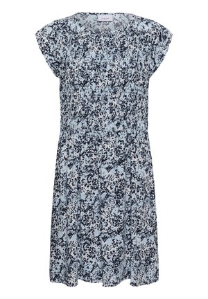 Světle modré a černě tečkované šaty po kolena s krátkými rukávy a kulatým výstřihem.