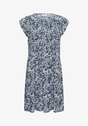 Světle modré a černě tečkované šaty po kolena s krátkými rukávy a kulatým výstřihem.