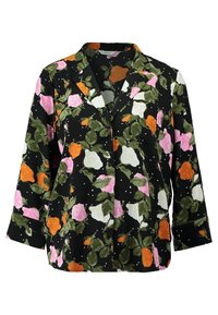 Blouse florale en tissu noir, ornée de roses roses, blanches et orange avec des feuilles vertes. Manches longues et col.