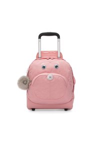 Zaino a rotelle rosa con occhi mobili, tasca frontale rotonda e pompon in pelliccia sintetica. Dotato di manico retrattile e ruote per la mobilità.