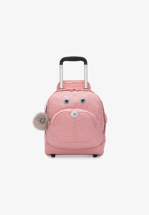 Zaino a rotelle rosa con occhi mobili, tasca frontale rotonda e pompon in pelliccia sintetica. Dotato di manico retrattile e ruote per la mobilità.