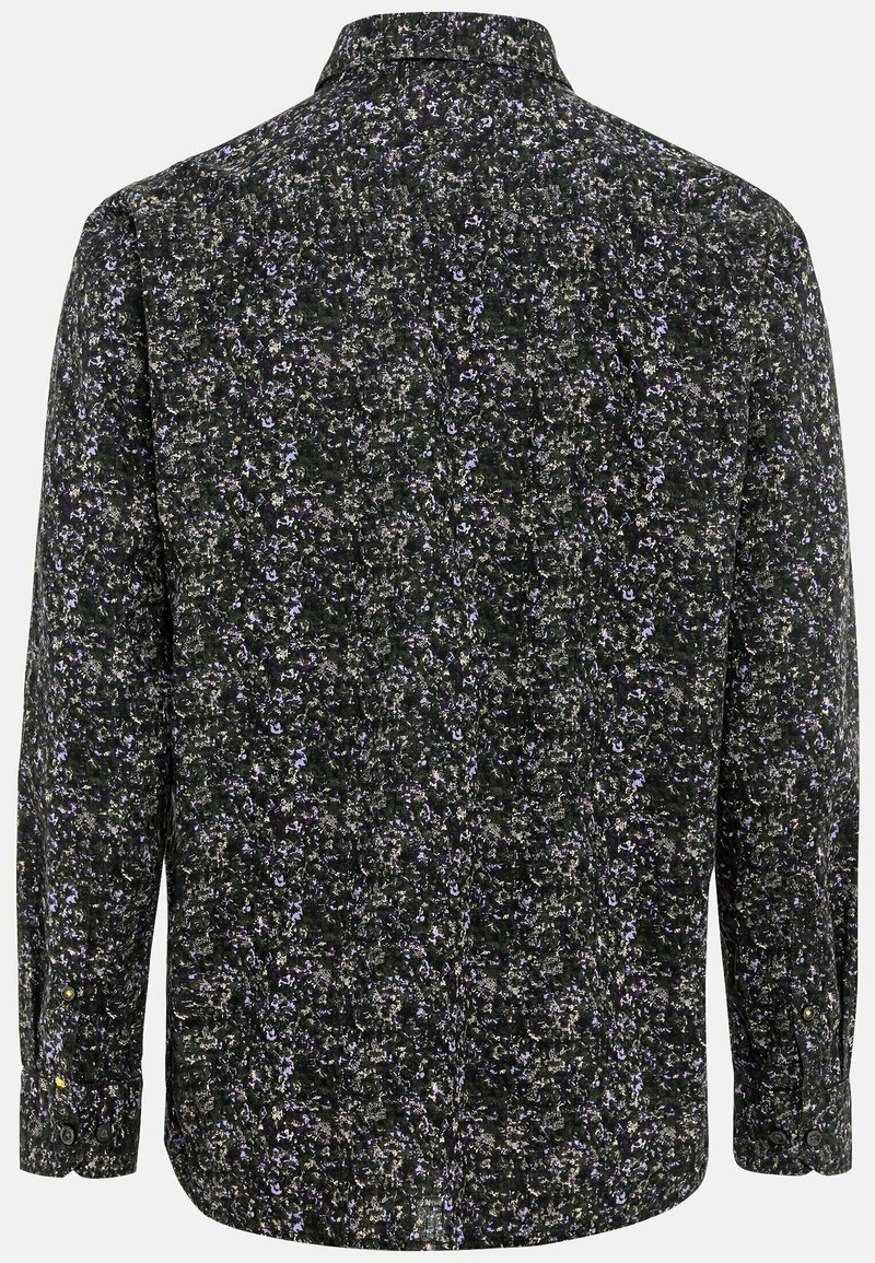 Schwarzes Langarmshirt mit einem floralen Muster in Lila und Weiß, mit Kragen und Knopfverschluss an den Ärmeln.