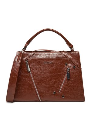 Brown leather handbag with two diagonal zippered pockets, silver hardware, short handle, and detachable shoulder strap.