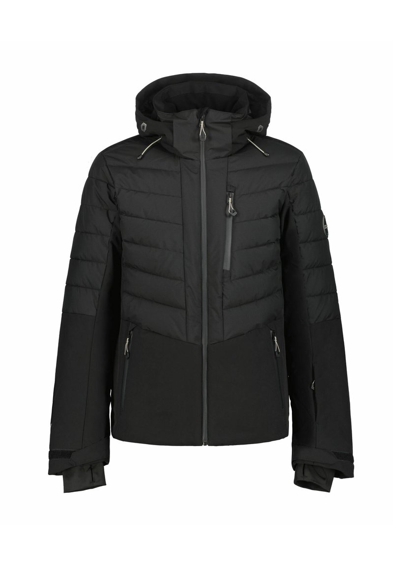 Czarna ocieplana zimowa kurtka z kapturem, z z API-na przodzie, trzema kieszeniami na zamek oraz regulowanymi mankietami na rękawach.