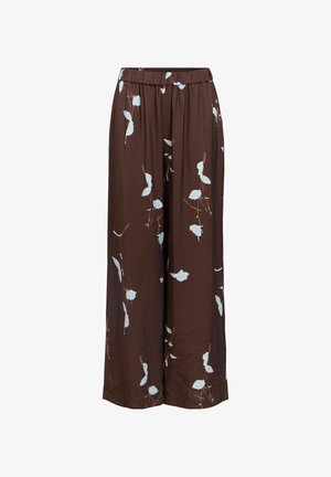 Pantalon large marron en tissu léger, arborant un motif floral avec des feuilles bleu clair et une ceinture élastique.
