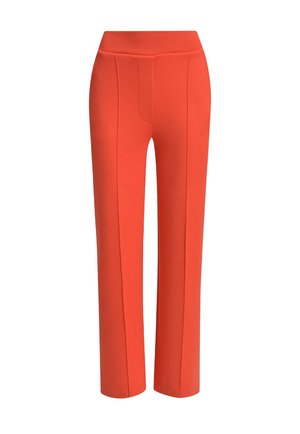 Rote maßgeschneiderte Hosen mit hohem Bund, ausgestattet mit einer vorderen Nahtdetails und geradem Bein, aus einem glatten Stoff gefertigt.