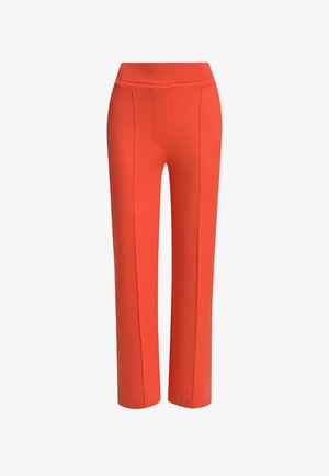 Red tailored trousers with a high waistband, featuring front seam detailing and a straight leg, made from a smooth fabric.