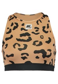 Mouwloze sportcrop top met beige en zwarte luipaardprint, ronde halslijn en Reebok Classic logo op de borst.