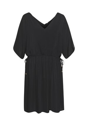 Black short dress with V-neck, half sleeves, cinched waist with adjustable side ties, and a relaxed, slightly gathered skirt.