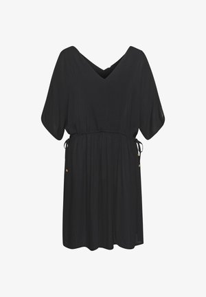 Schwarzes kurzes Kleid mit V-Ausschnitt, halblangen Ärmeln, taillierter Taille mit verstellbaren Seitenschlaufen und einem lockeren, leicht gerafften Rock.