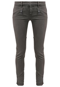 Pantalon gris foncé coupe slim avec poches avant zippées, détails sur les genoux et fermetures éclair aux chevilles sur fond blanc.