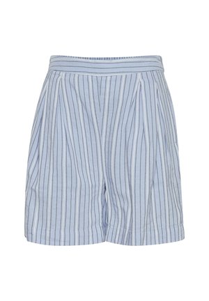 Helle blaue Baumwollshorts mit vertikalen marineblauen Streifen, ausgestattet mit einem plissierten Design, einem Bund und einer leicht lockeren Passform.