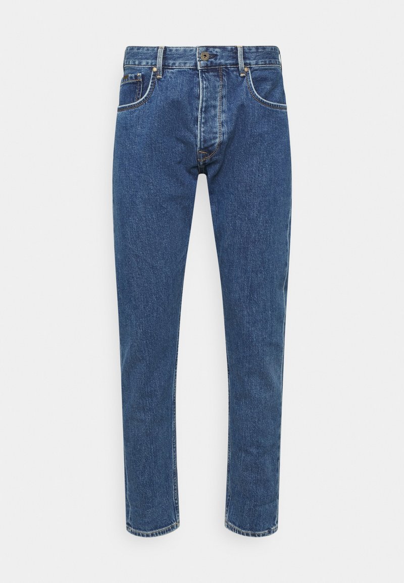 Jeans de denim com um design de perna reta em um tom de azul médio. Inclui um fecho com botão e zip, cinco bolsos e costuras discretas.