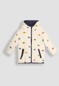 Giacca in fleece color crema con cappuccio, foderata in blu navy e piccoli motivi di dinosauri arancioni, verdi e marroni. Include tasche laterali.