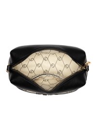 Borsa a pochette in pelle nera con zip dorata, con interno foderato in beige a motivo geometrico. Forma arrotondata con esterno testurizzato.