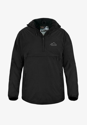 Schwarze Pulloverjacke mit einem Viertel-Reißverschluss am Hals, elastischen Bündchen und einer Fronttasche. Verfügt über ein Logo auf der Brust und eine Kapuze.