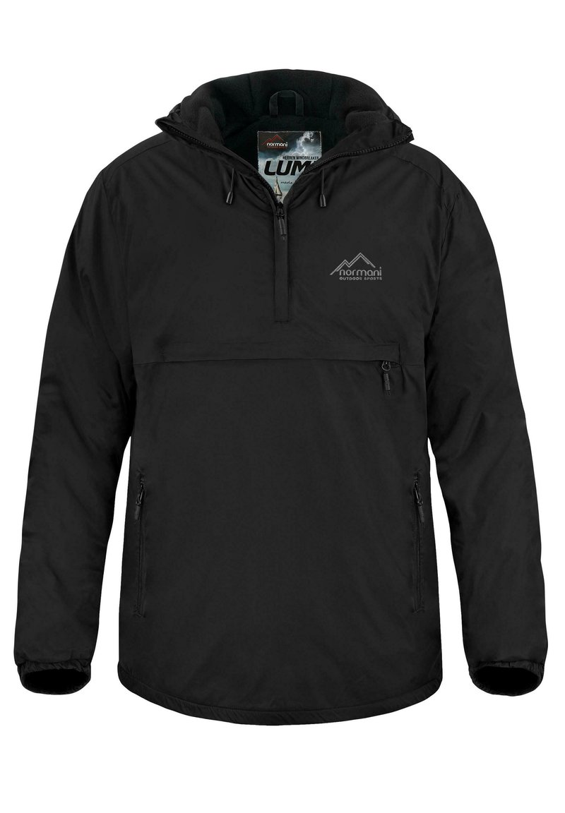 Schwarze Pulloverjacke mit einem Viertel-Reißverschluss am Hals, elastischen Bündchen und einer Fronttasche. Verfügt über ein Logo auf der Brust und eine Kapuze.