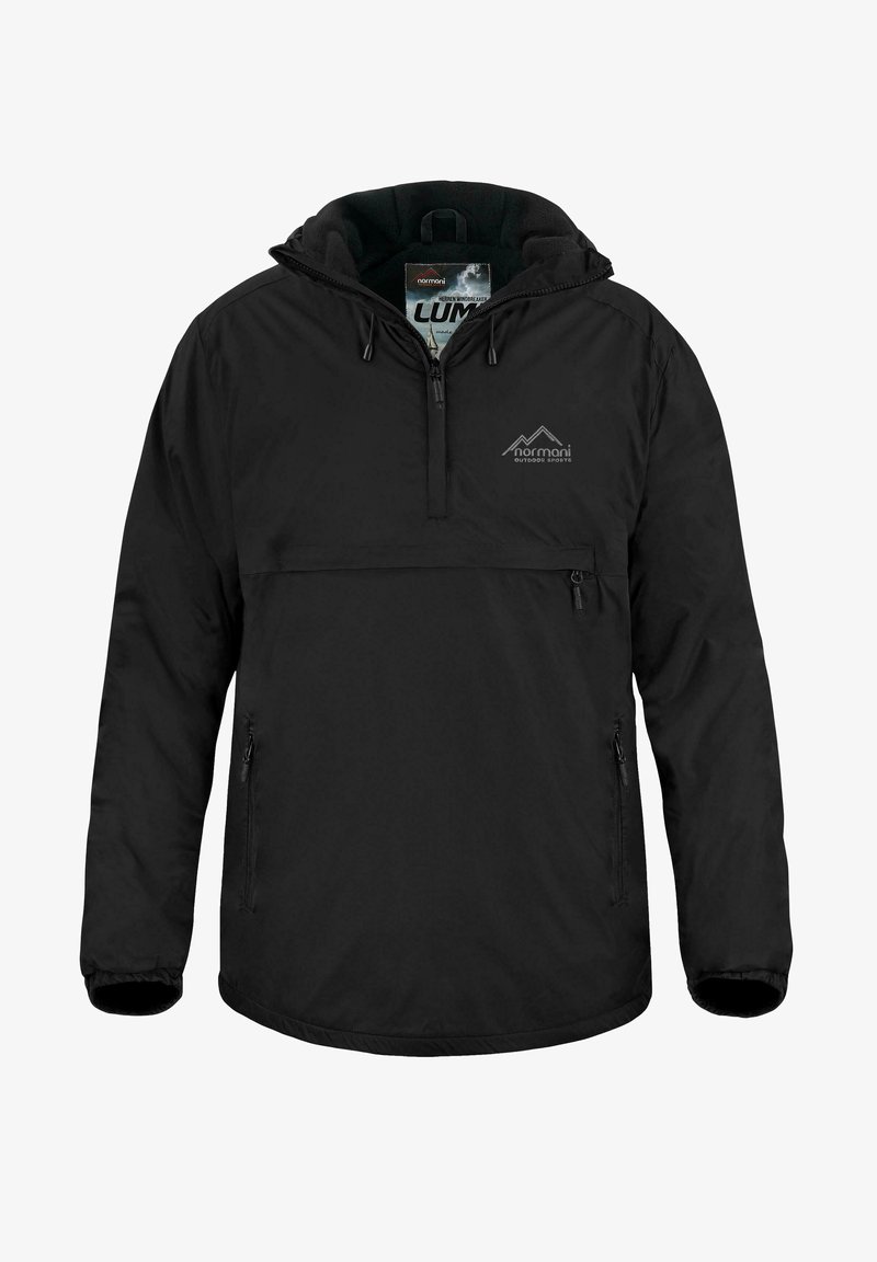 Schwarze Pulloverjacke mit einem Viertel-Reißverschluss am Hals, elastischen Bündchen und einer Fronttasche. Verfügt über ein Logo auf der Brust und eine Kapuze.